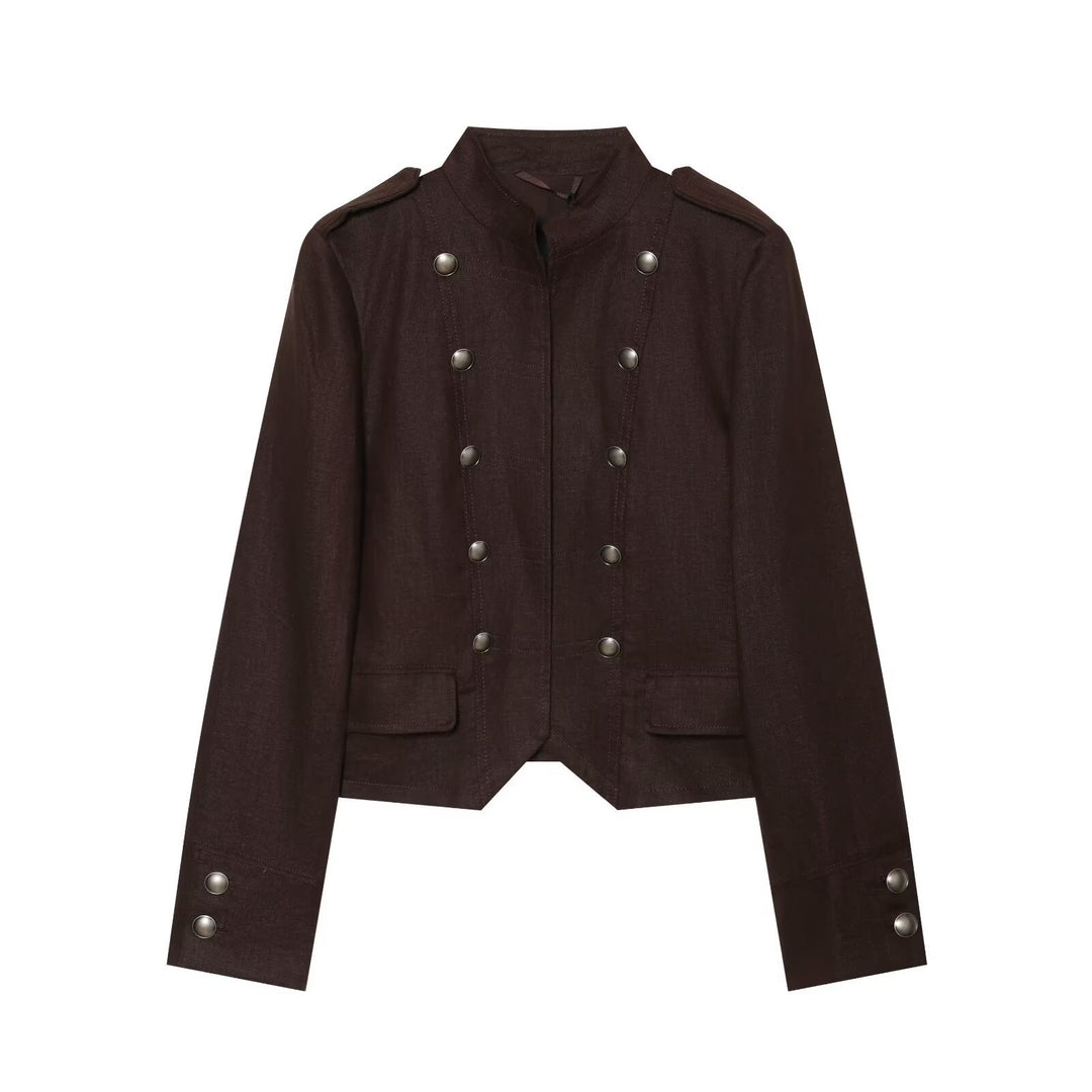 Damen Cropped Feldjacke im Militärstil mit Stehkragen, Epauletten und doppelter Zierknopfleiste Drune