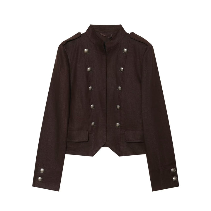 Damen Cropped Feldjacke im Militärstil mit Stehkragen, Epauletten und doppelter Zierknopfleiste Drune