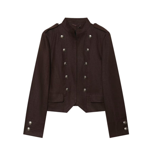 Damen Cropped Feldjacke im Militärstil mit Stehkragen, Epauletten und doppelter Zierknopfleiste Drune