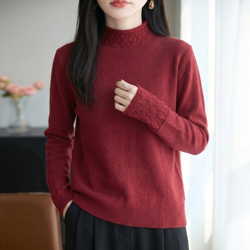 Damen Mockneck-Feinstrickpullover mit Ajour-Detail an Kragen und Bündchen Drune