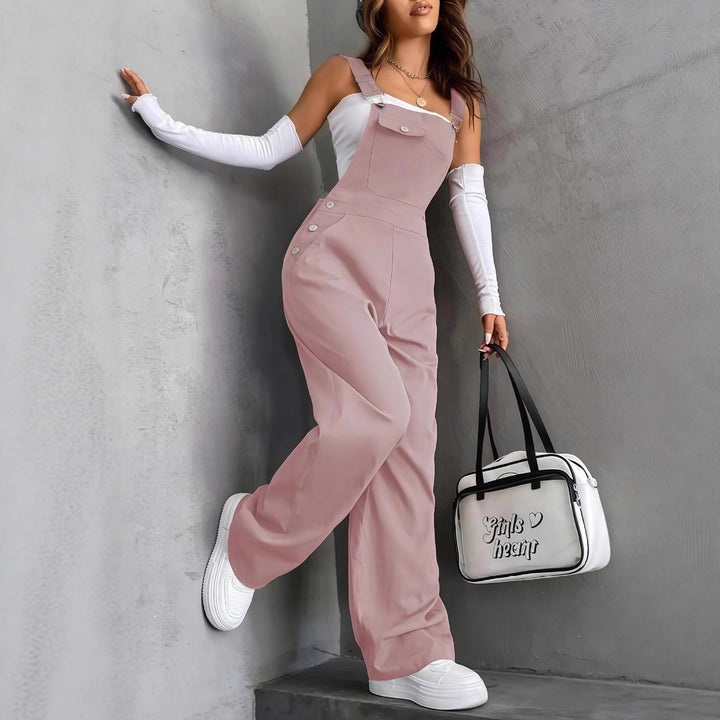 Damen nan weite Latzhose mit seitlichen Zierknöpfen, Brusttasche und weitem Bein Drune