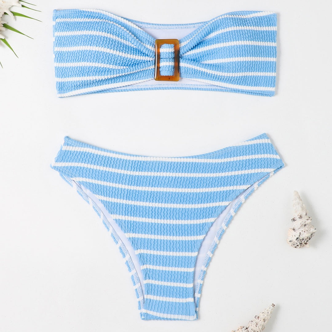 Damen Bandeau-Bikini mit modischem Streifenmuster und dekorativer Schnalle Drune