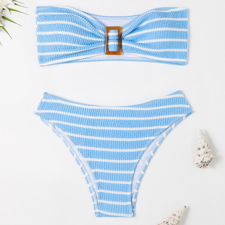 Damen Bandeau-Bikini mit modischem Streifenmuster und dekorativer Schnalle Drune