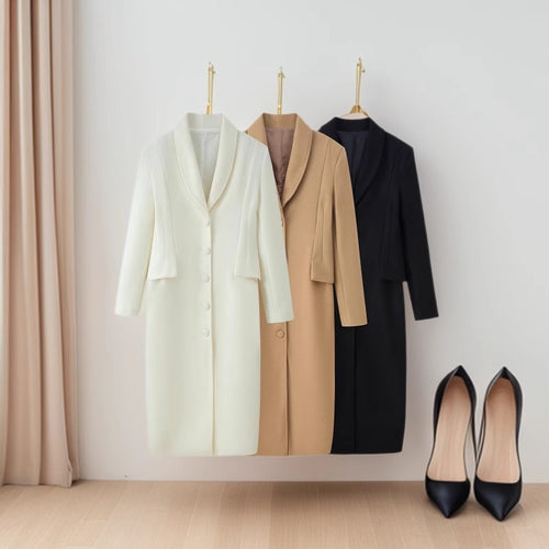 Damen Taillierter Longline-Wollmix-Mantel mit Schalkragen und verdeckter Knopfleiste Drune
