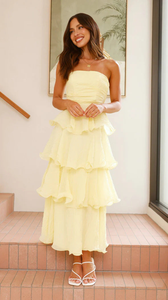 Drune | Strapless Tiered Kleid Rückenfreies Schichten Design Eleganter Fließender Schnitt