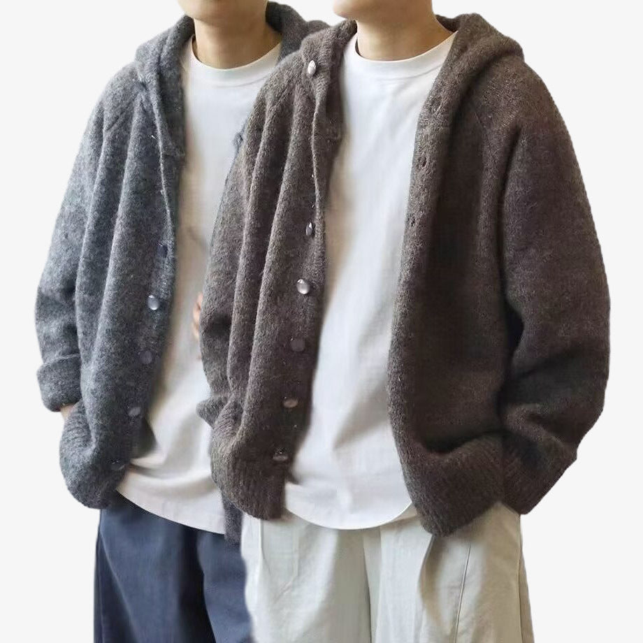 Herren Gemütliche Strickjacke mit Kapuze und Knopfverschluss Drune