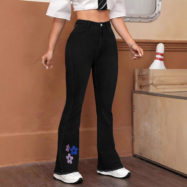 Damen High-Waist Denim-Jeans mit leicht ausgestelltem Bein und Blumen-Print Drune