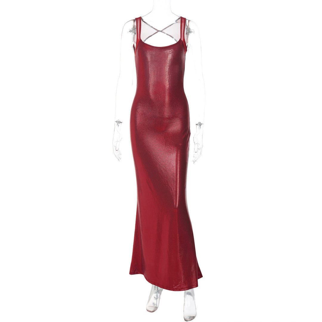 Damen Elegantes Maxikleid mit verführerischem Kreuzträger und schimmerndem Obermaterial Drune