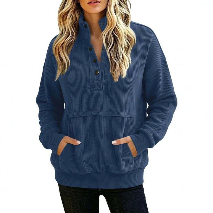 Damen gerippter Henley-Pullover mit Stehkragen und Kängurutasche Drune