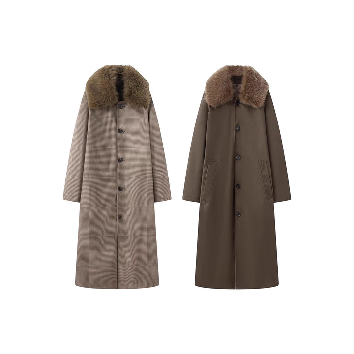 Damen langer Oversize Wollmantel mit abnehmbarem Kunstfellkragen und seitlichen Eingrifftaschen Drune