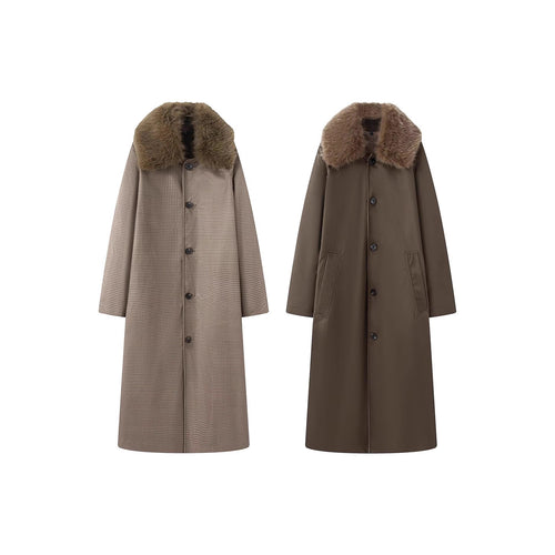 Damen langer Oversize Wollmantel mit abnehmbarem Kunstfellkragen und seitlichen Eingrifftaschen Drune