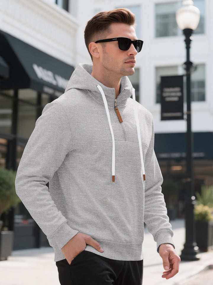 Herren Halbzip-Kapuzenpullover mit Stehkragen, Kordelzug und Lederdetails Drune
