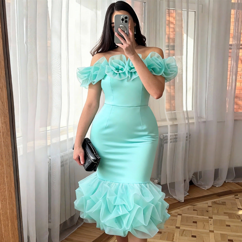 Damen Off-Shoulder Kleid mit voluminösen Rüschen Drune
