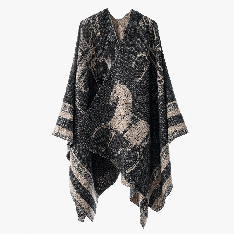 Damen Jacquard-Poncho-Überwurf mit Pferde-Motiv und kastiger Kimono-Silhouette Drune