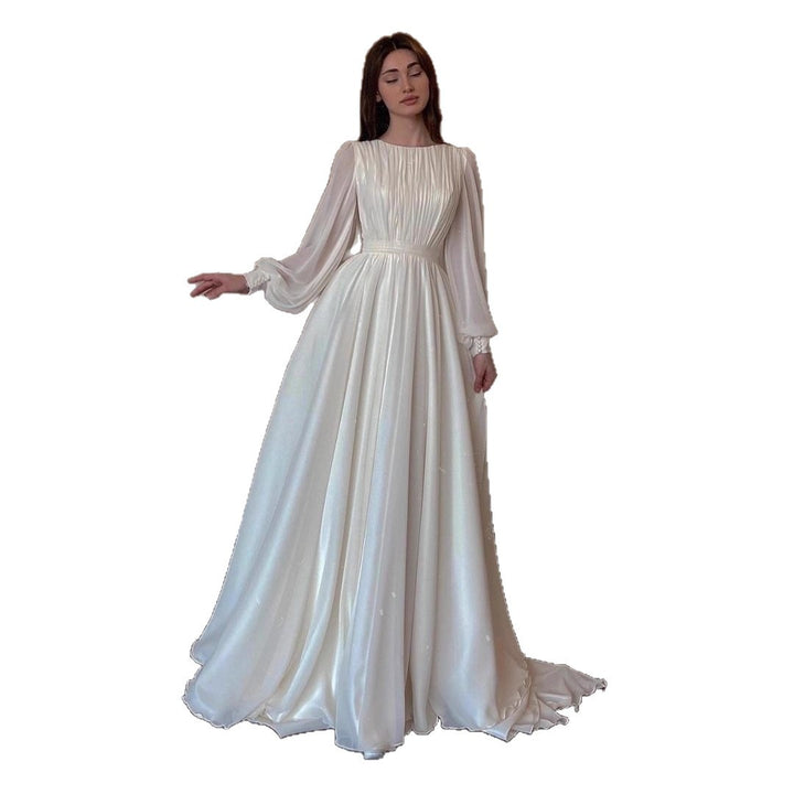 Damen Elegantes Langkleid mit schmalem Taillenband und Ballonärmeln Drune
