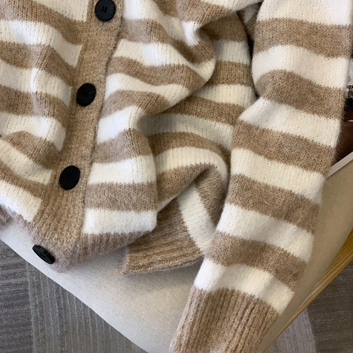 Damen Gemütlicher Strickcardigan mit V-Ausschnitt und Streifen Drune