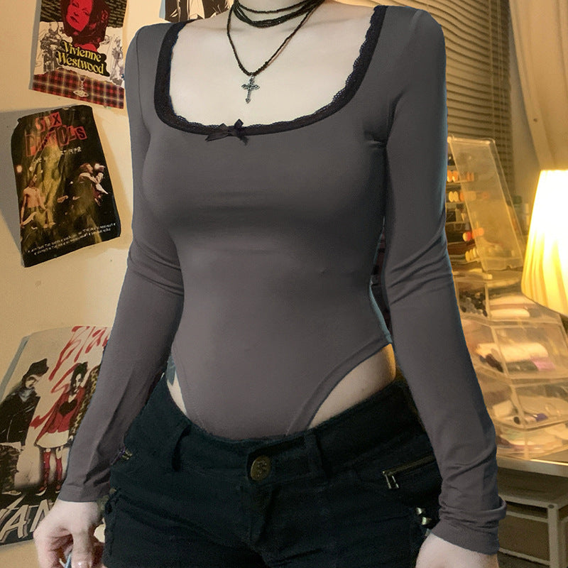 Damen Elegantes Langarm-Bodysuit mit Zierborte Drune