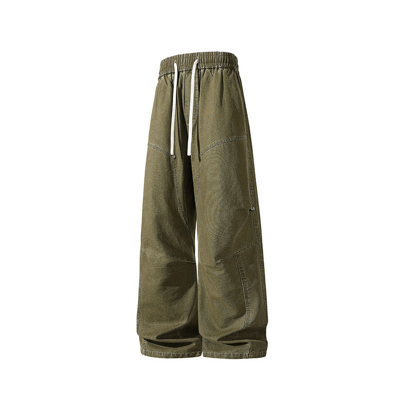 Herren weite Baggy-Cargohose aus gewaschenem Canvas mit Elastikbund und dekorativen Nahtpaneelen Drune