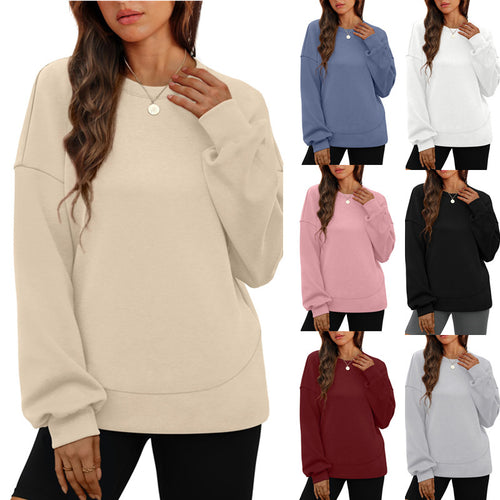 Damen nan lässiges Oversize Rundhals-Sweatshirt mit überschnittener Schulter gerundetem Saum und weichem Innenfutter Drune