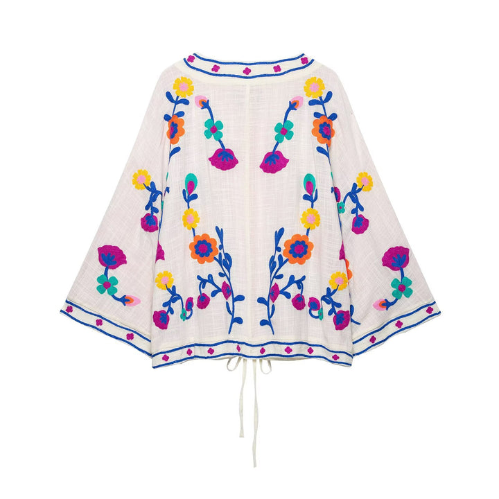 Damen Bestickter Kimono-Blouson mit Tunnelzug und floraler Stickerei Drune