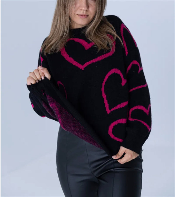 Damen Kuscheliger Jacquard-Pullover mit Herzmotiv und lockerer Oversize-Passform Drune