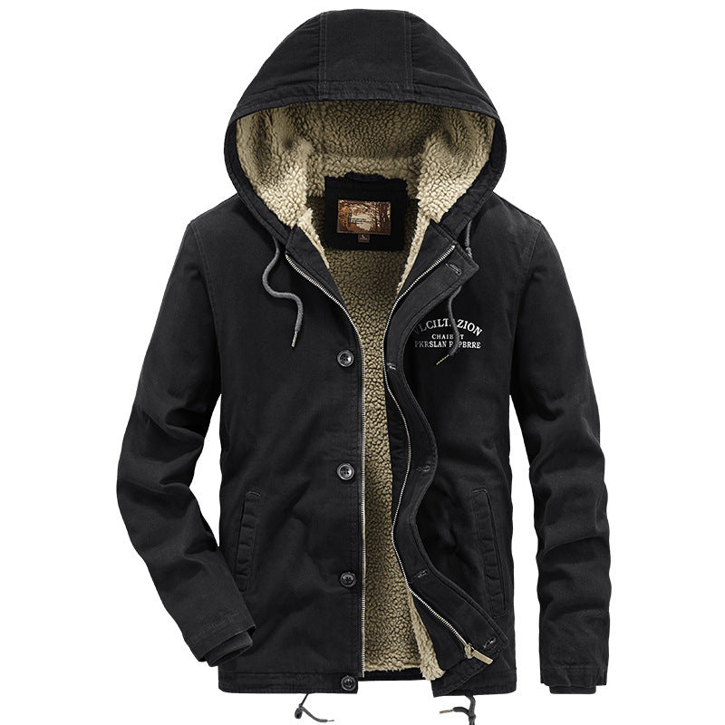 Herren Lässige Canvas-Kapuzenjacke mit durchgehendem Sherpa-Futter und doppelter Front Drune