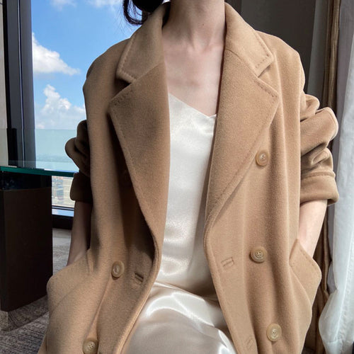 Damen Eleganter Doppeltbreasted Wollmantel Drune