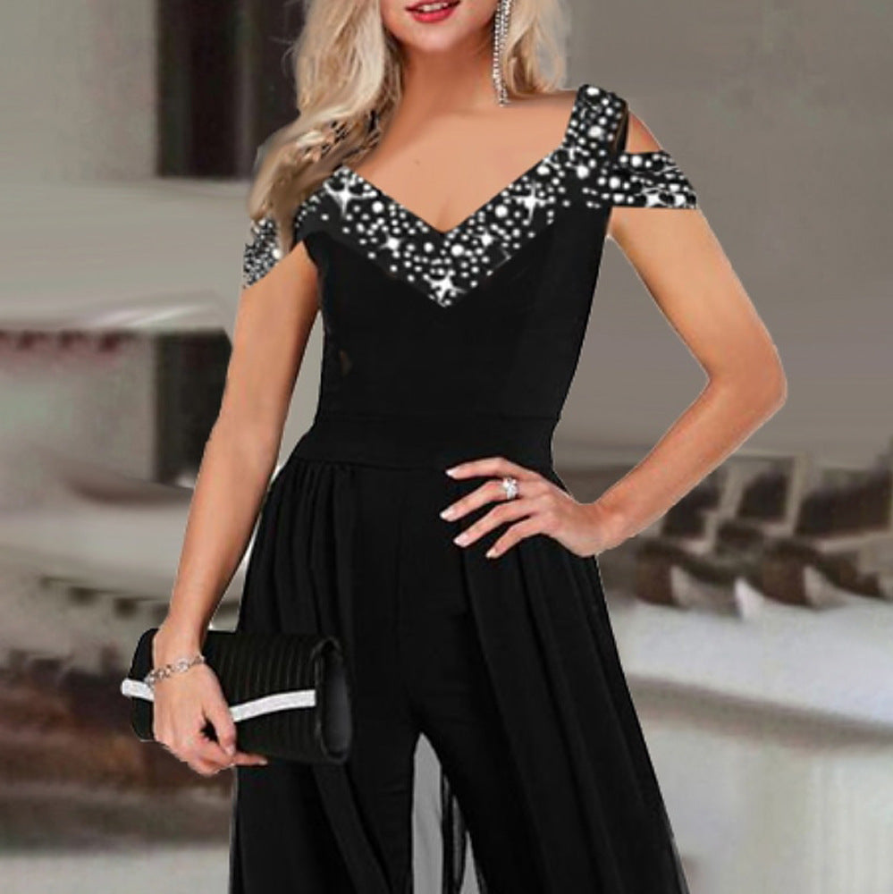 Damen eleganter Empire-Waist-Jumpsuit mit transparenter Überlagerung Drune