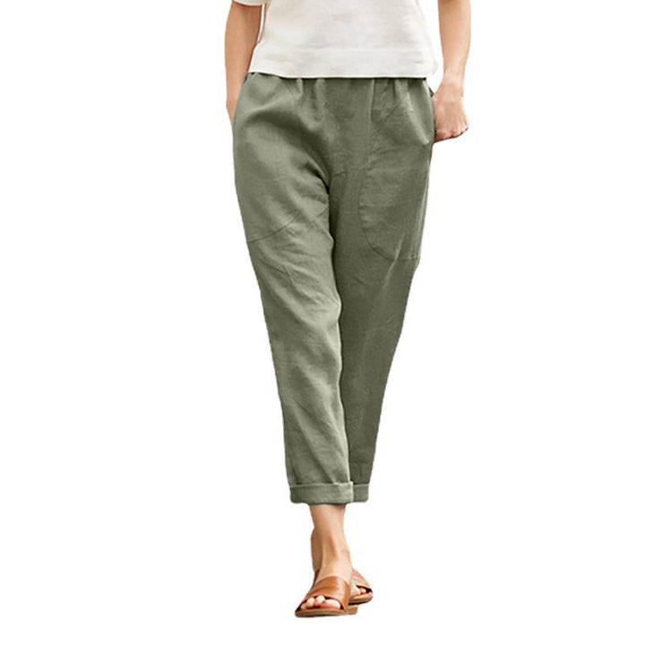 Damen nan legere Leinen-Baumwollhose mit elastischem Bund, aufgesetzten Taschen und konischer Beinform Drune