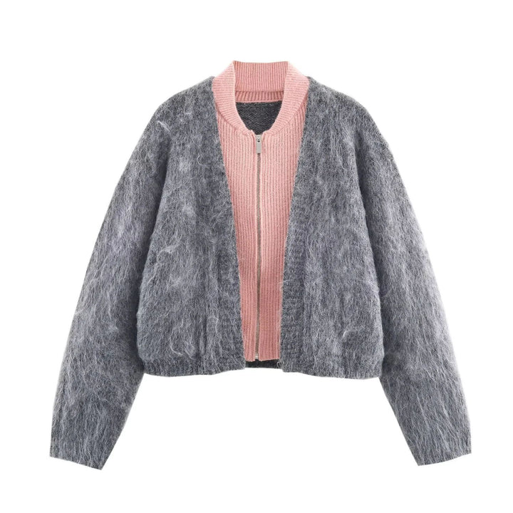 Damen nan kuscheliger Mohair‑Optik Cardigan mit integrierter Reißverschluss‑Innenjacke und Bomberkragen Drune