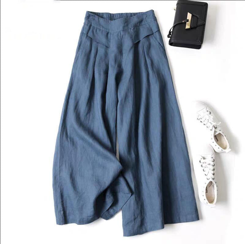 Damen Weit geschnittene Leinenhose mit hohem Bund und eleganten Falten Drune