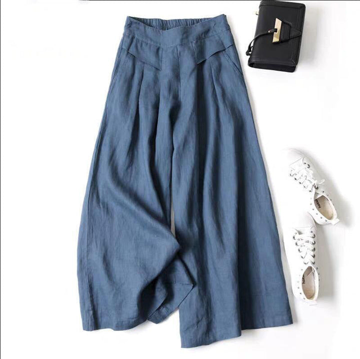 Damen Weit geschnittene Leinenhose mit hohem Bund und eleganten Falten Drune