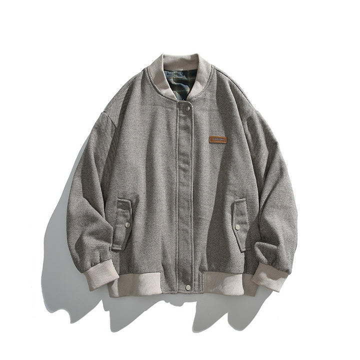 Unisex Boxy-Bomberjacke im Fischgrät-Look mit Rippbündchen, Pattentaschen und verdeckter Druckknopfblende Drune