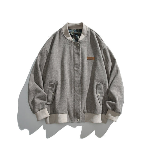 Unisex Boxy-Bomberjacke im Fischgrät-Look mit Rippbündchen, Pattentaschen und verdeckter Druckknopfblende Drune
