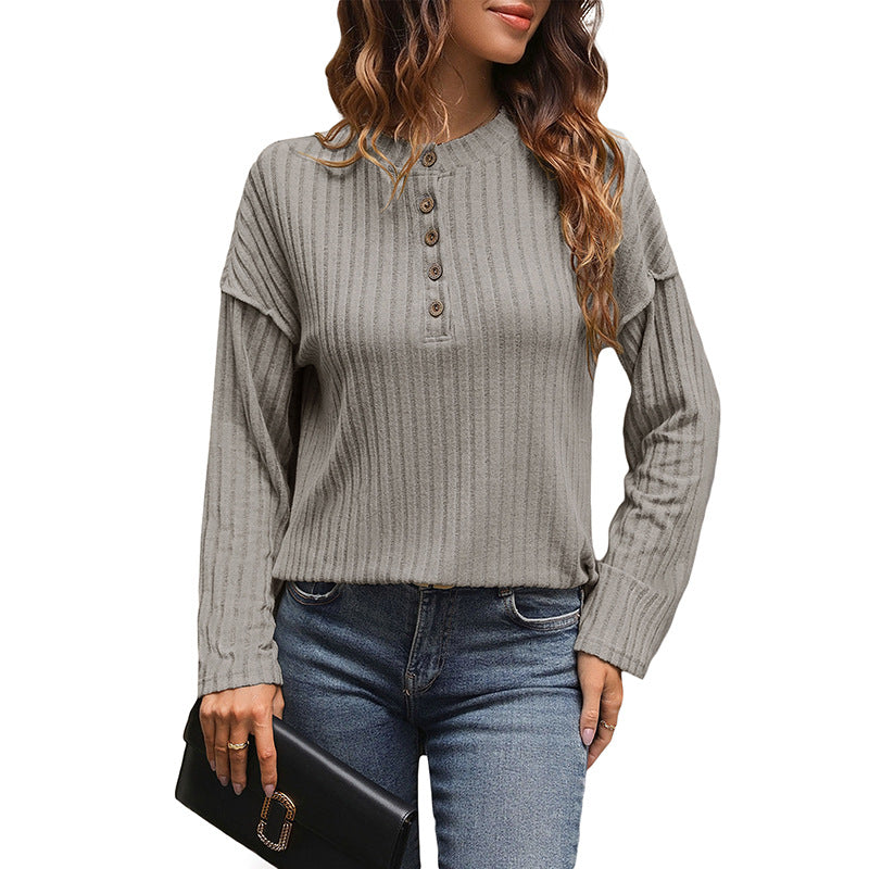 Damen Gerippter Henley-Pullover mit Knopfleiste und überschnittener Schulter Drune