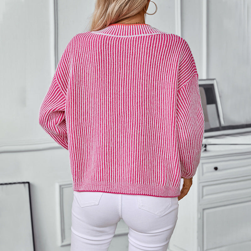 Damen Strickpullover mit V-Ausschnitt und gestreiftem Design Drune