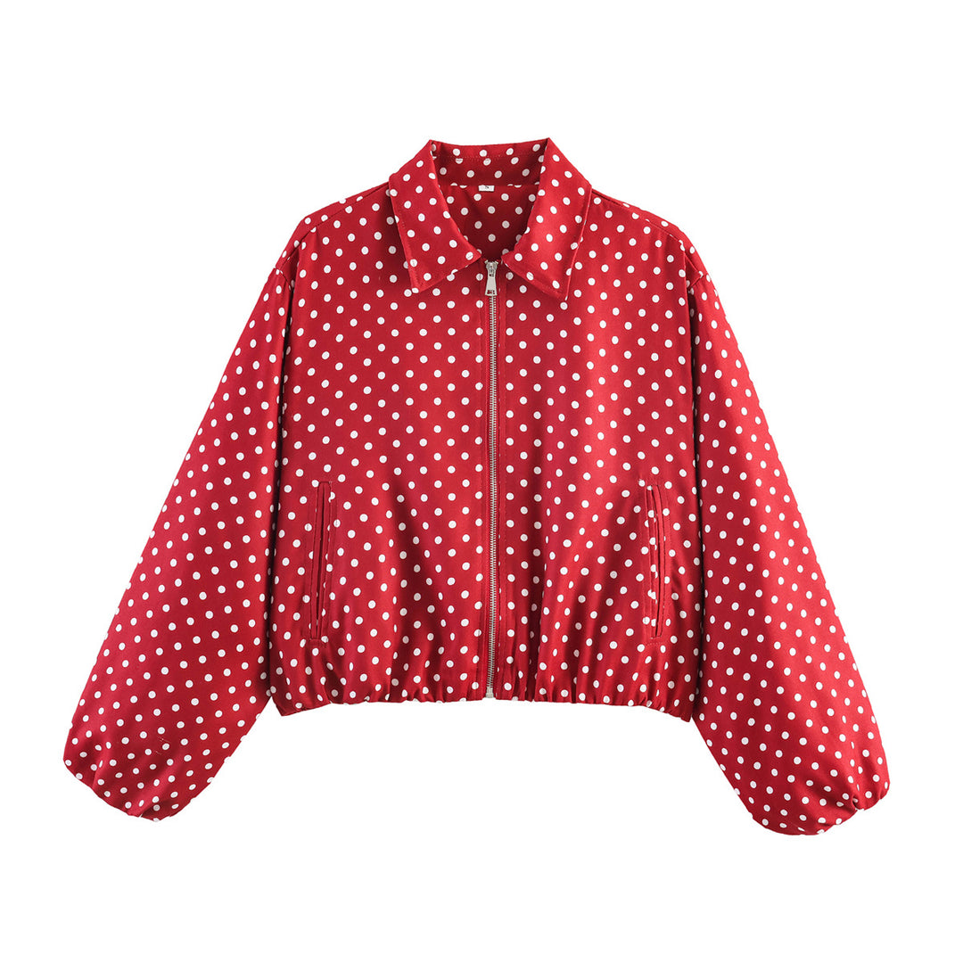 Damen Kurzjacke im Harrington‑Stil mit Polka‑Dot‑Muster, Ballonärmeln und elastischem Saum Drune