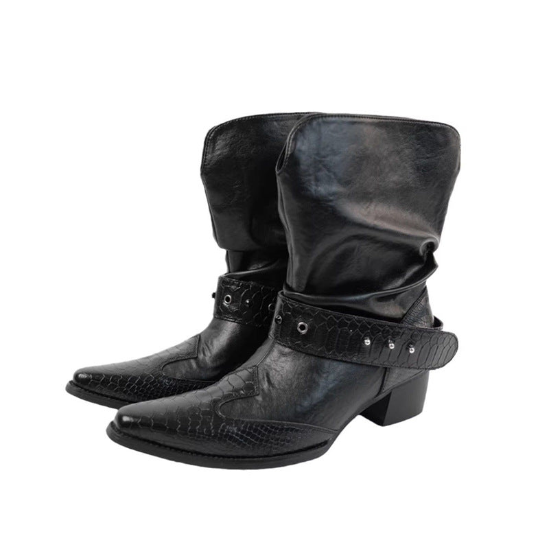 Damen Cowboystiefel mit spitzer Zehenpartie, Schlangenprägung und Nietenriemen Drune