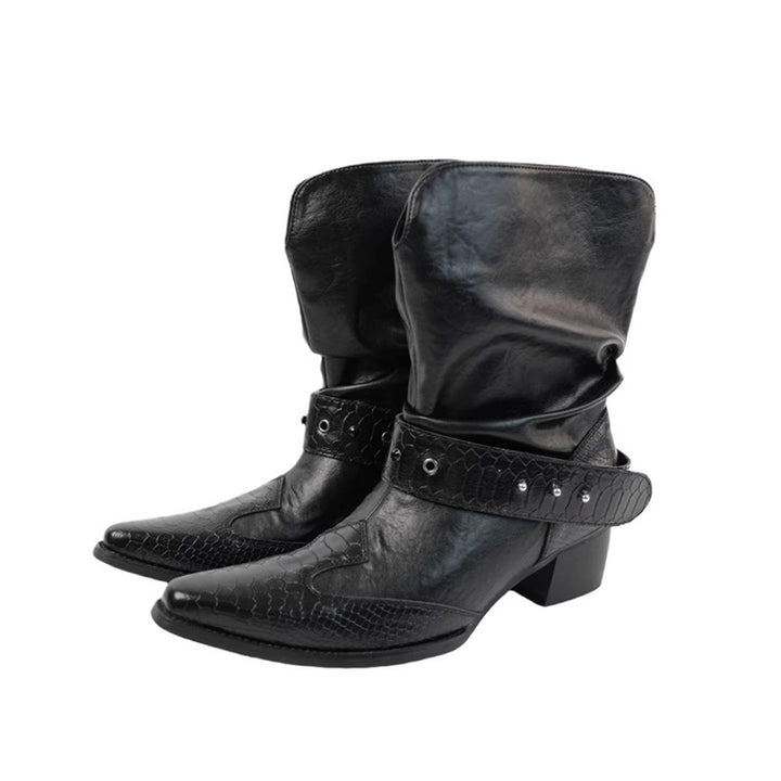 Damen Cowboystiefel mit spitzer Zehenpartie, Schlangenprägung und Nietenriemen Drune