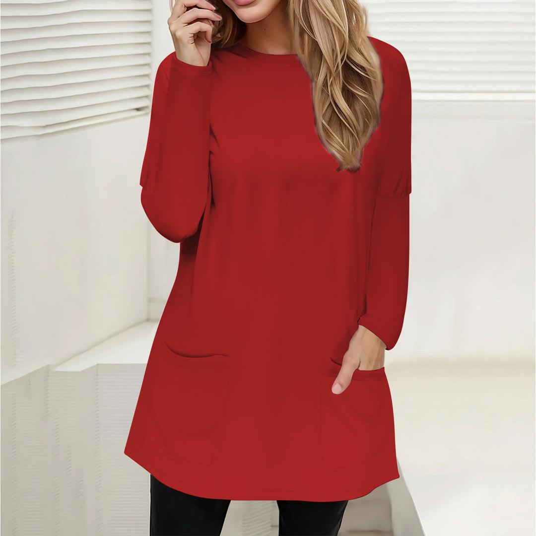 Damen Freizeit Longline Tunika mit Rundhalsausschnitt und aufgesetzten Taschen Drune