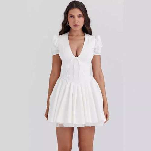 Damen verspieltes Mini-Wickelkleid mit Puffärmeln Drune