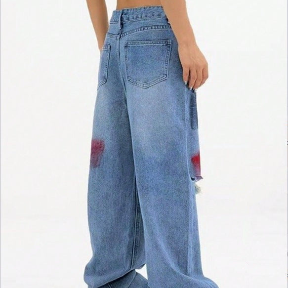 Damen weite Denim-Jeans mit Paint‑Splatter und Distressed-Knie Drune