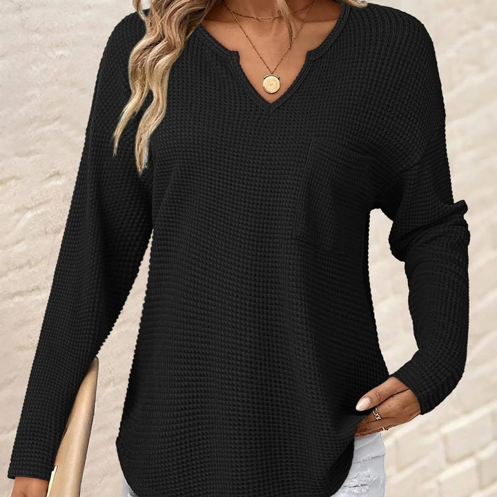 Damen Waffelstrick-Longsleeve mit V-Notch, Brusttasche und legerer Oversize-Passform Drune