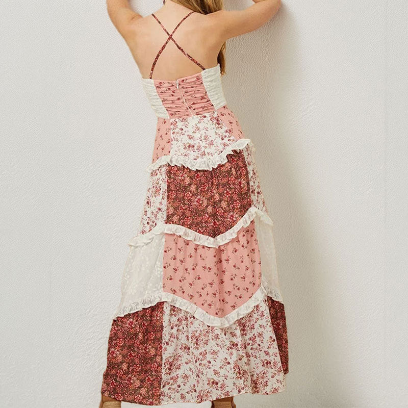Damen Maxikleid mit zarten Rüschen und floralen Patchwork-Design Drune