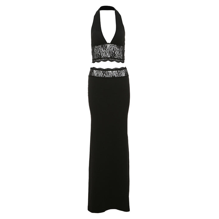 Damen Langer Sommerrock mit tiefem V-Ausschnitt und eleganter Spitzenapplikation Drune