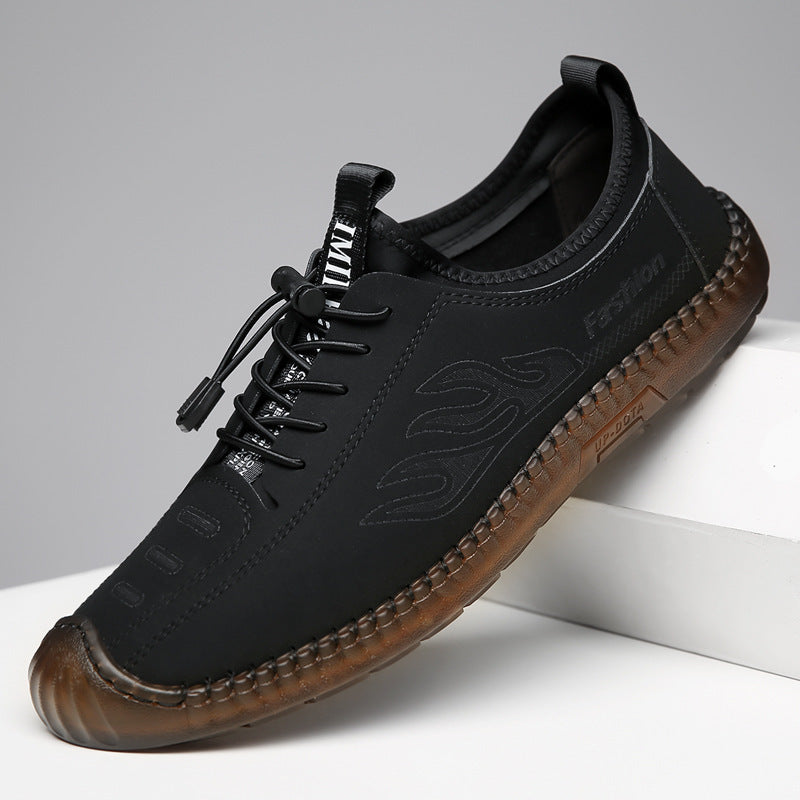 Herren Casual-Mokassin-Sneaker mit elastischer Schnellzug-Schnürung, gesticktem Flammenmotiv und genähter Gummilaufsohle Drune