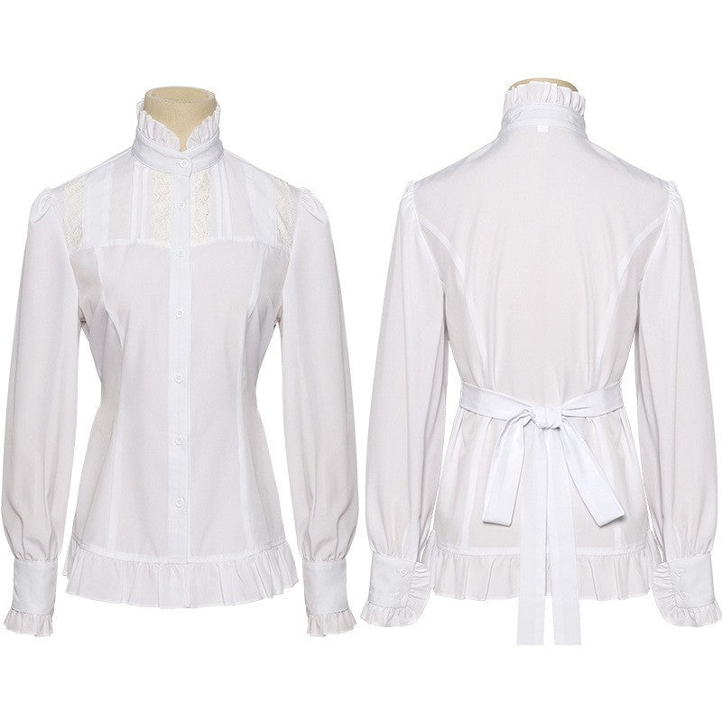 Damen nan viktorianische Spitzenbluse mit Volant-Jabot, tailliertem Schnitt und doppellagigen Glockenärmeln Drune