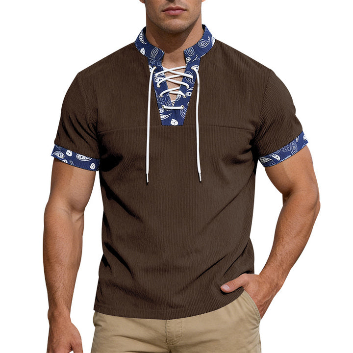 Herren nan Kurzarm-Schnürshirt mit Bandana-Besatz und strukturierter Jerseyqualität Drune