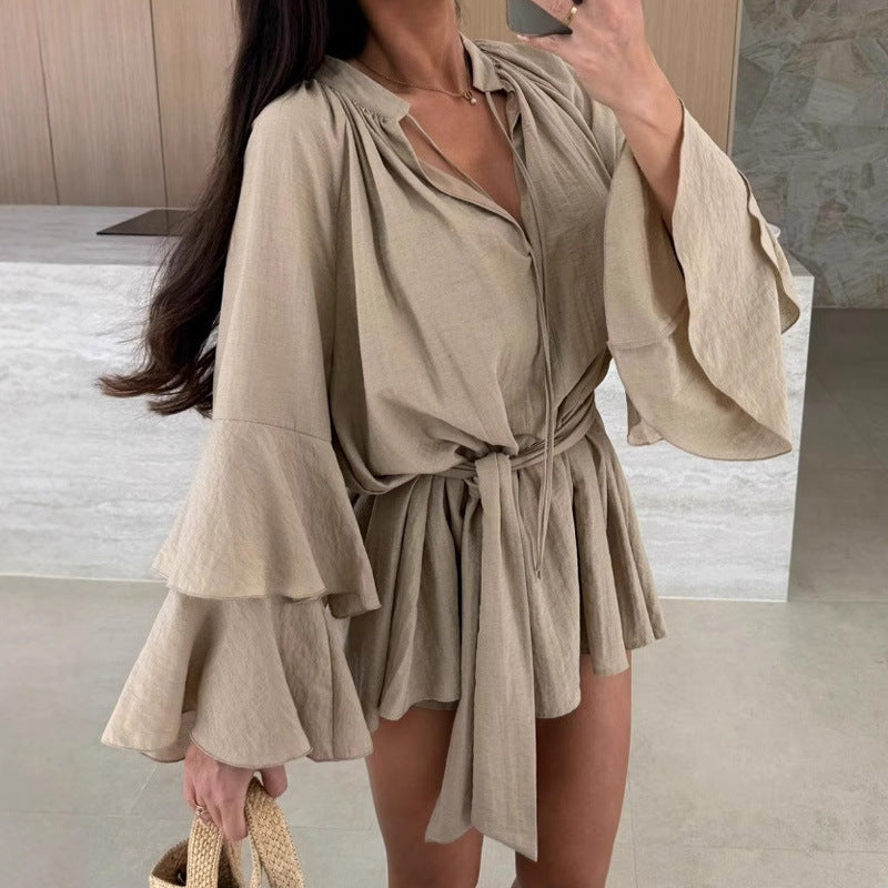 Damen Luftiges Kaftan-Oberteil mit weiten Ärmeln und Taillengürtel Drune