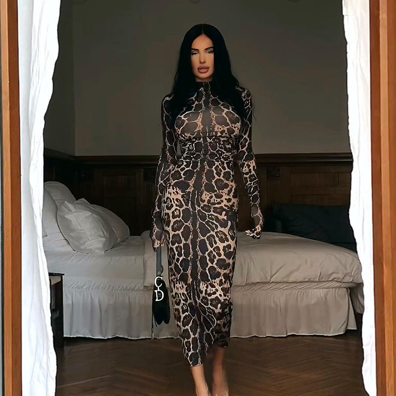 Damen Elegantes transparentes Maxikleid mit Leopardenmotiv und langem Arm Drune